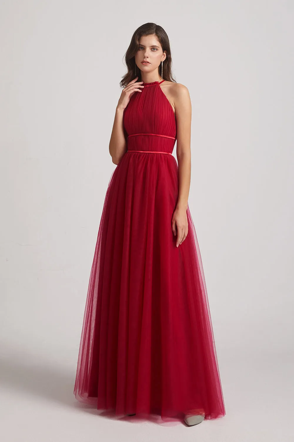 Halter Pleated Criss-Cross Tulle Bridesmaid Dresses (AF0035)