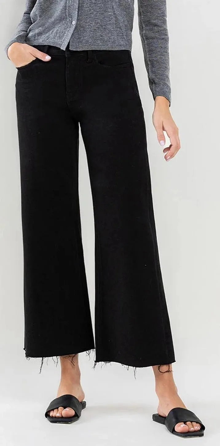 High Rise Raw Hem Crop Wide Leg Jeans