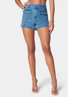 High Waist Patch Pockets Detail Denim Short