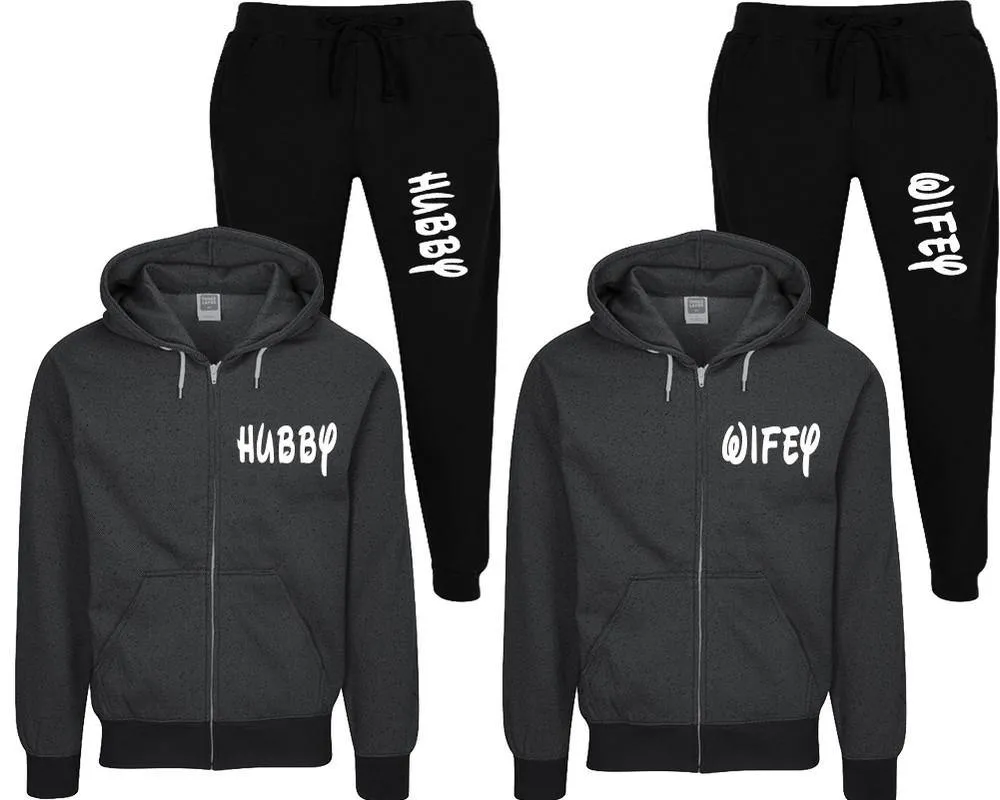 Hubby Wifey Couple Speckle Zipper Hoodies and Jogger Pants Matching Top&Bottom Sets