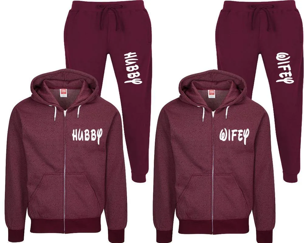 Hubby Wifey Couple Speckle Zipper Hoodies and Jogger Pants Matching Top&Bottom Sets