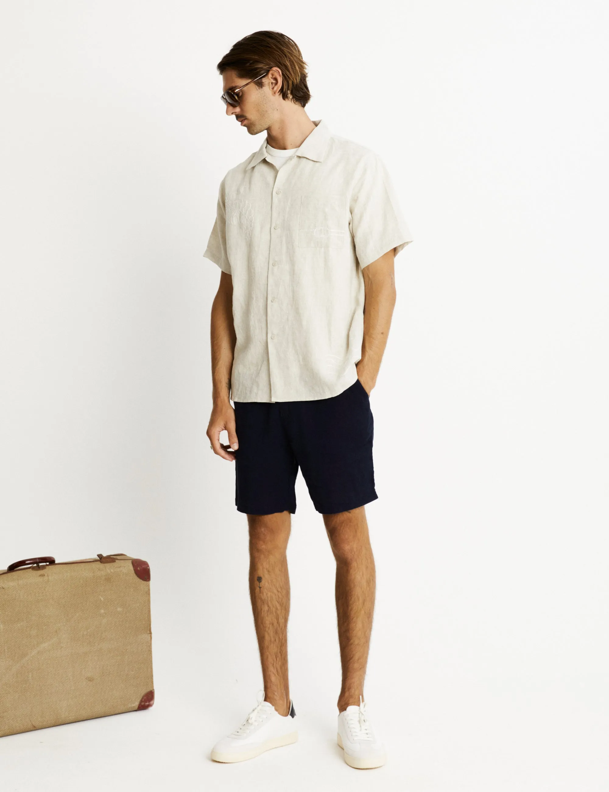 Huck Embroidered Short Sleeve Shirt - Natural