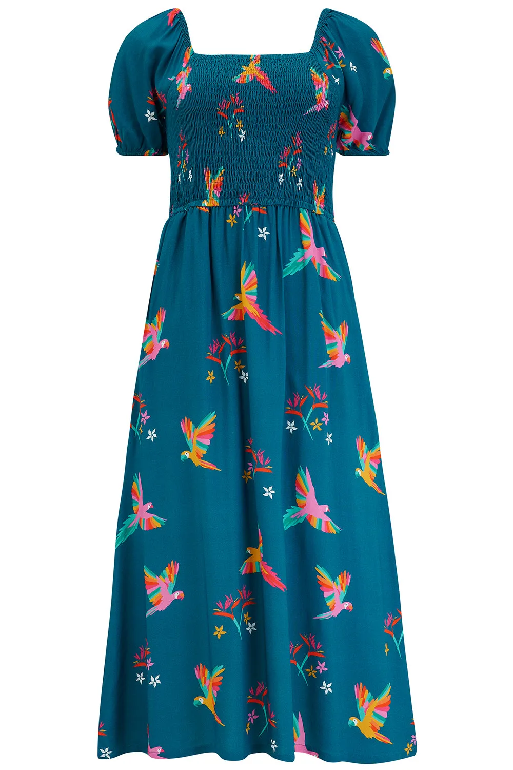 Jolene Midi Shirred Dress - Teal, Rainbow Parrots