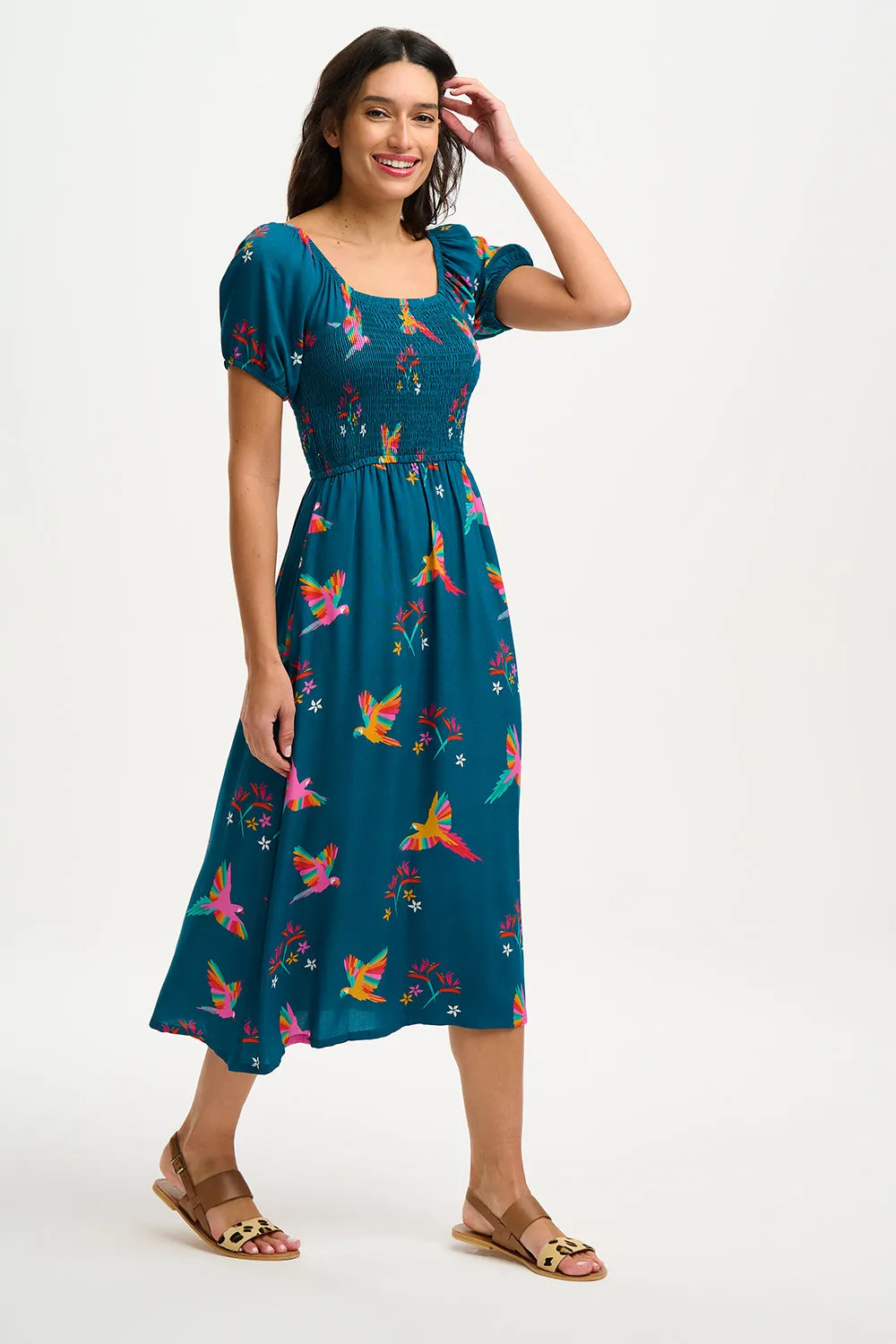 Jolene Midi Shirred Dress - Teal, Rainbow Parrots