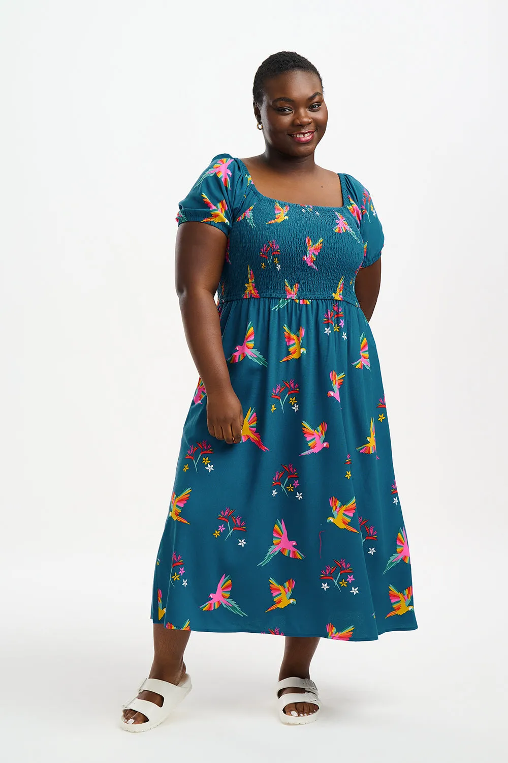 Jolene Midi Shirred Dress - Teal, Rainbow Parrots