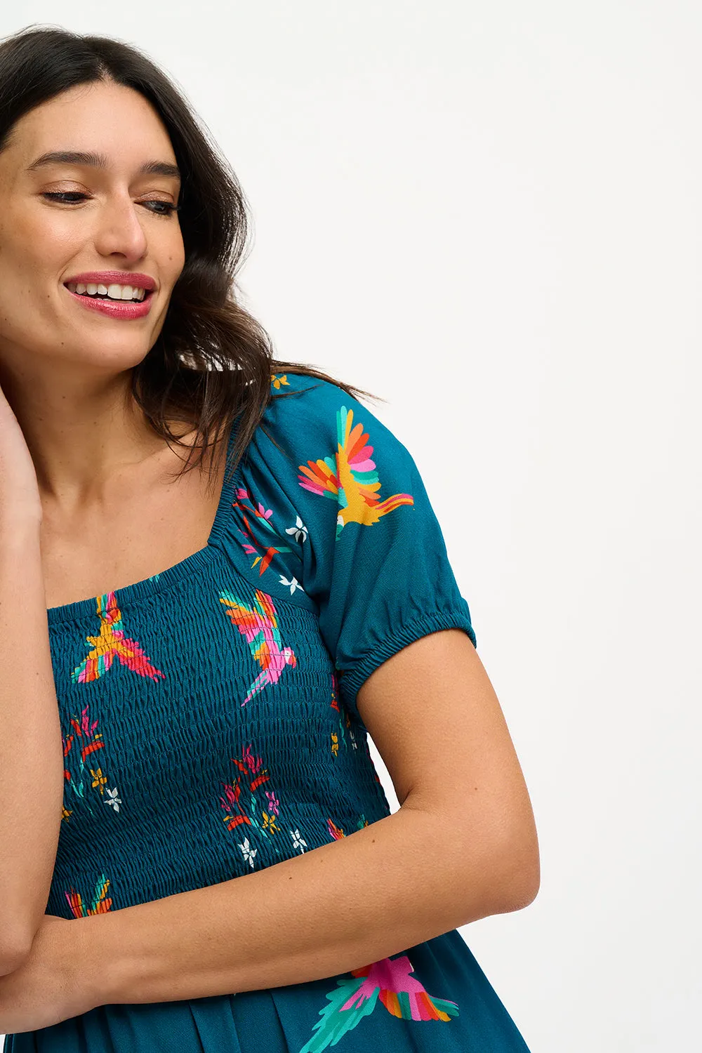 Jolene Midi Shirred Dress - Teal, Rainbow Parrots