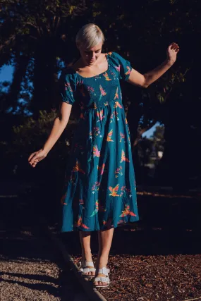 Jolene Midi Shirred Dress - Teal, Rainbow Parrots