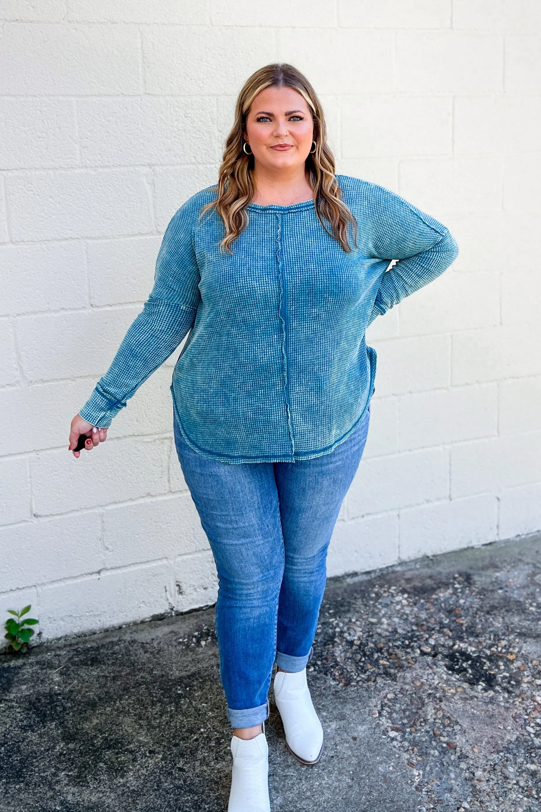 Jordan Waffle Knit Long Sleeve Top, Teal