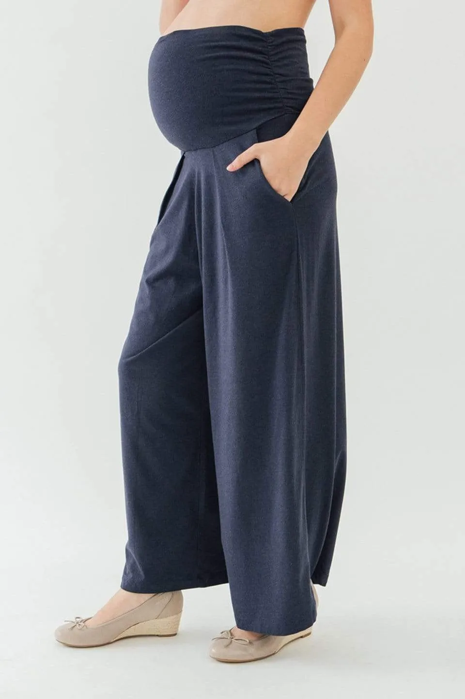 Knitted Wide Legs Pleated Gabe Maternity Pants Navy