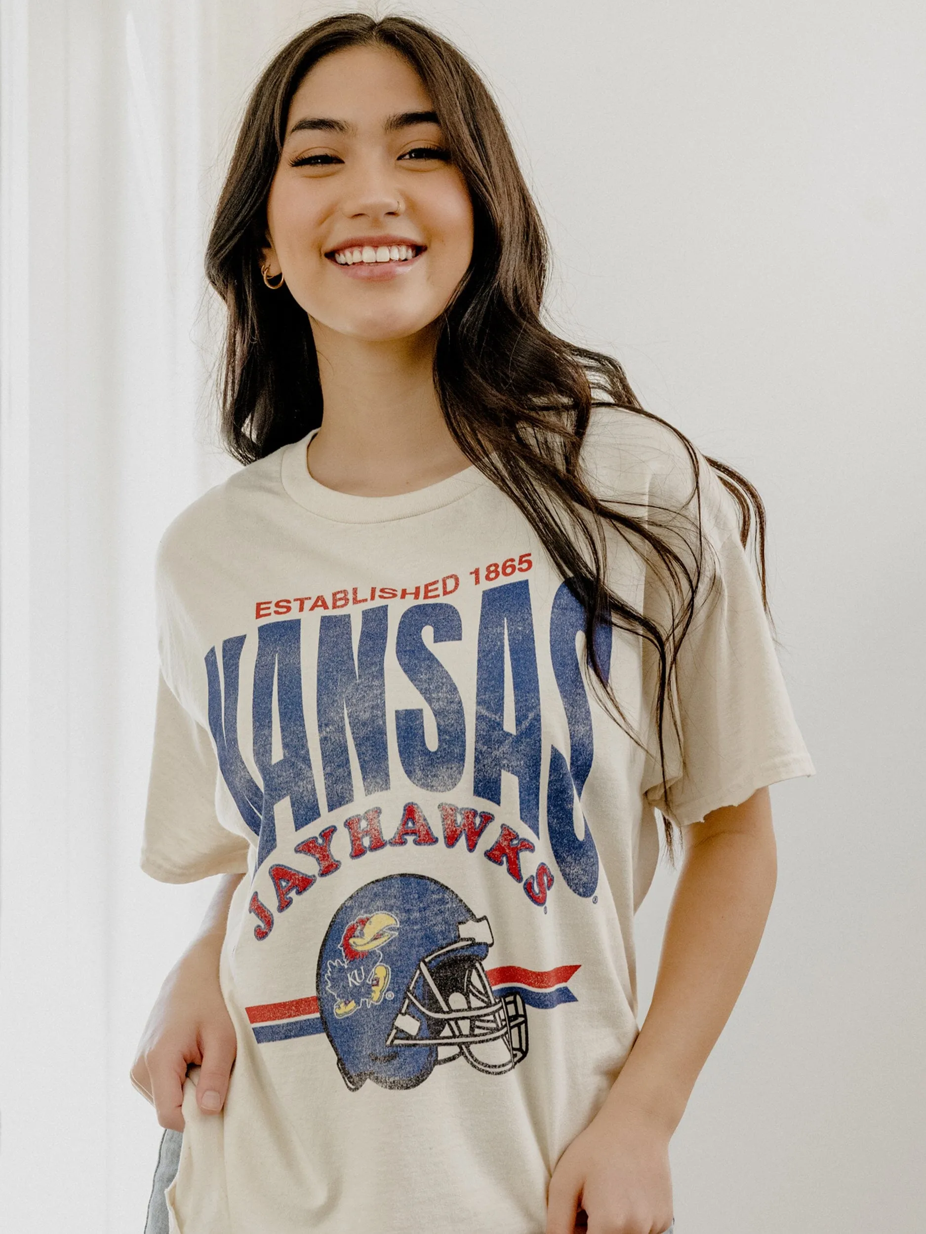 KU Jayhawks Established Date Helmet Off White Thrifted Tee