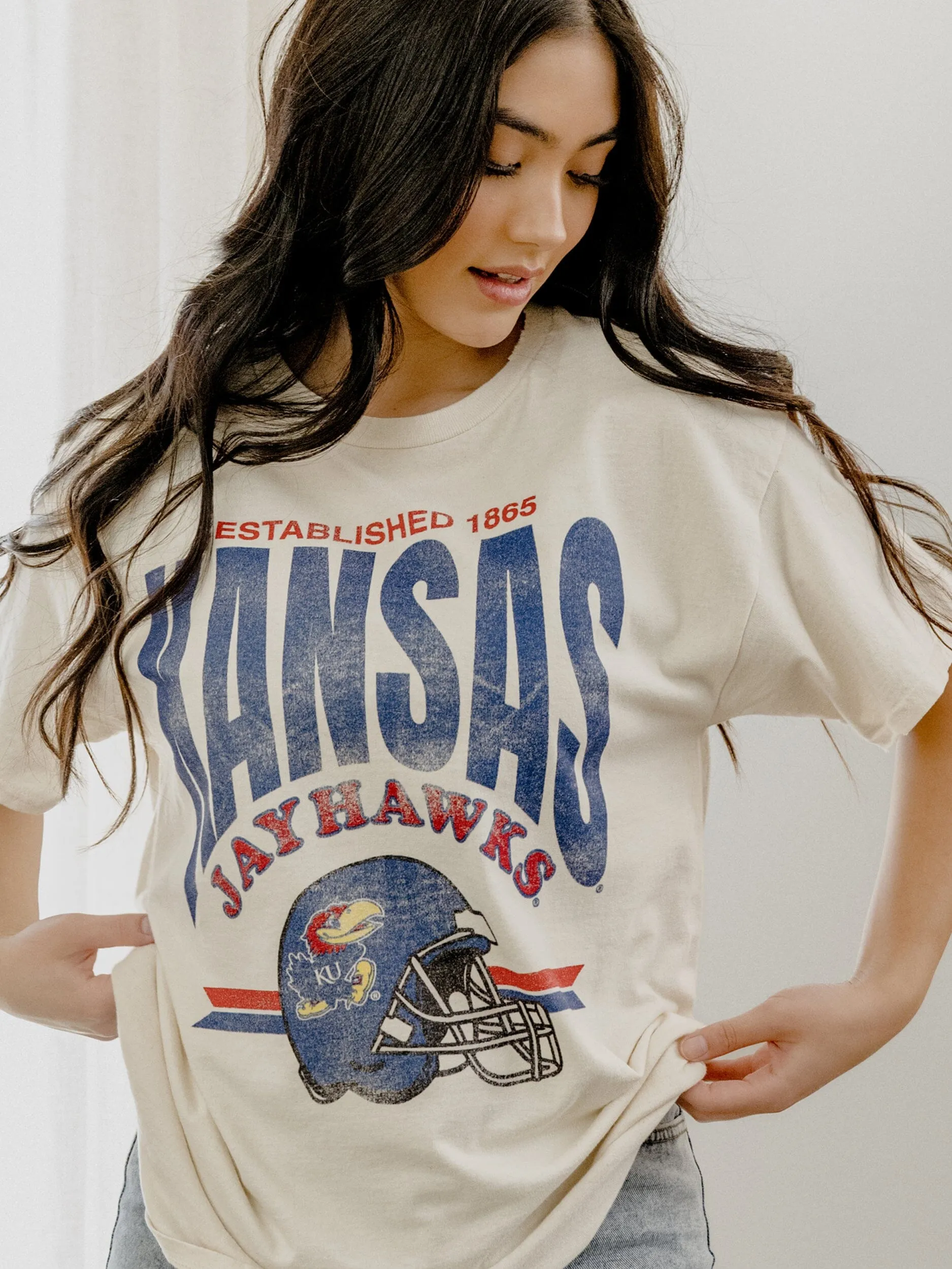 KU Jayhawks Established Date Helmet Off White Thrifted Tee