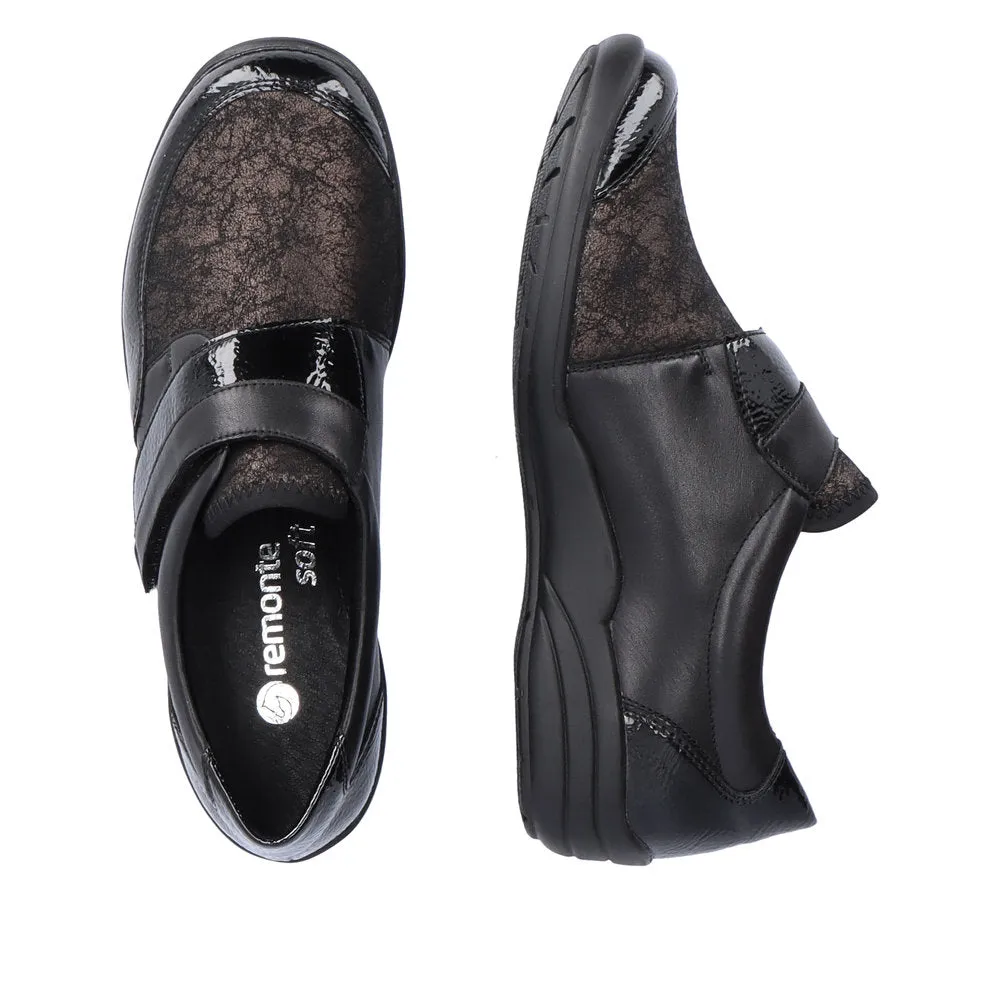 Ladies Strap Over Remonte Shoes Black Patent Mix Wider Fit R7600-03