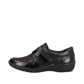 Ladies Strap Over Remonte Shoes Black Patent Mix Wider Fit R7600-03