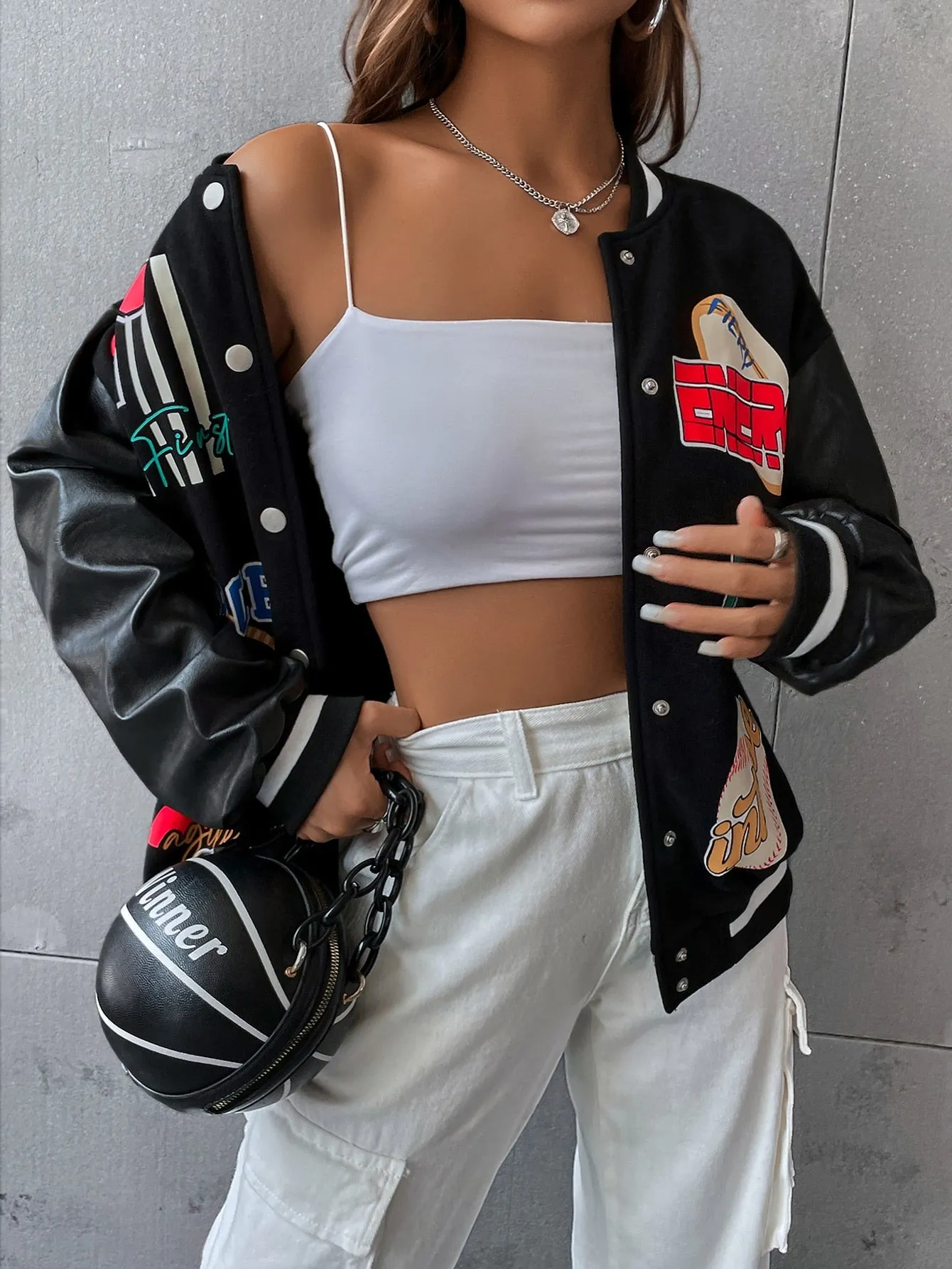 Letter Graphic Contrast PU Leather Sleeve Varsity Jacket