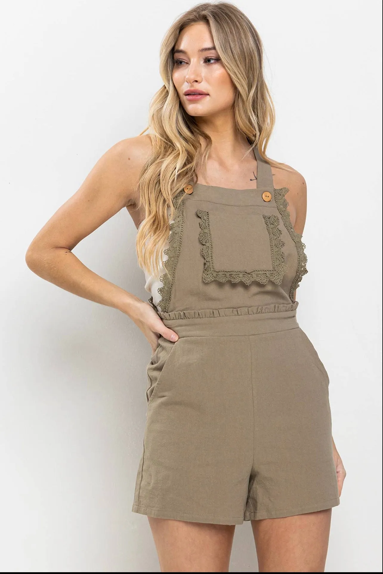 Linen Race Detailed Adjustable Overall Romper