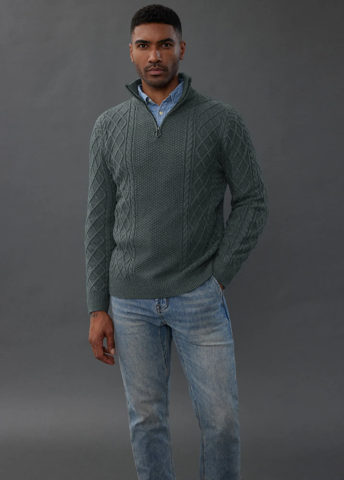 Men's Casual Quarter-Zip Sweaters Cable Knit Thermal Pullover