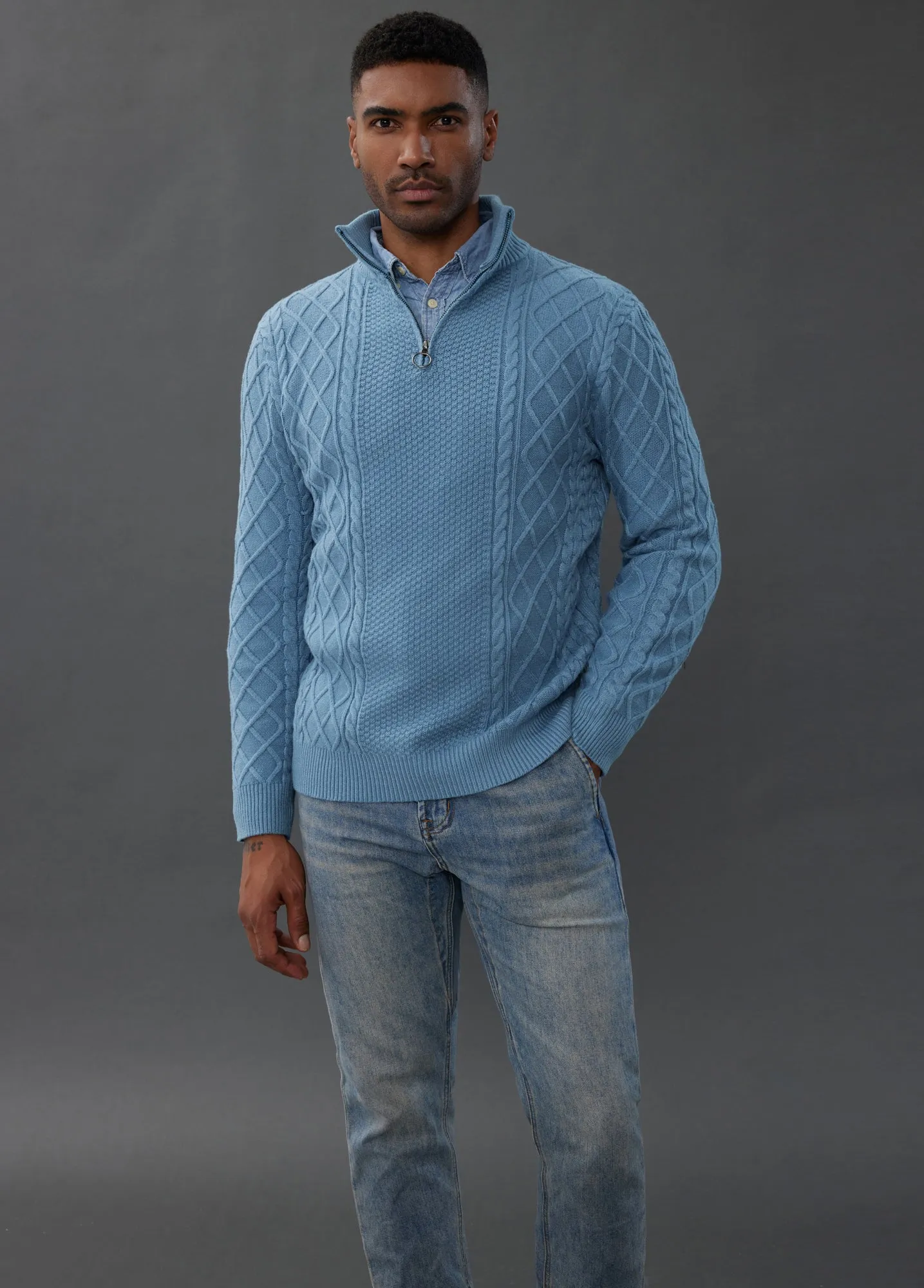 Men's Casual Quarter-Zip Sweaters Cable Knit Thermal Pullover