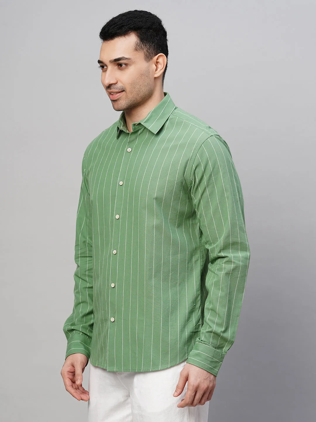 Men's Green Cotton Slim Fit Striped Shirt