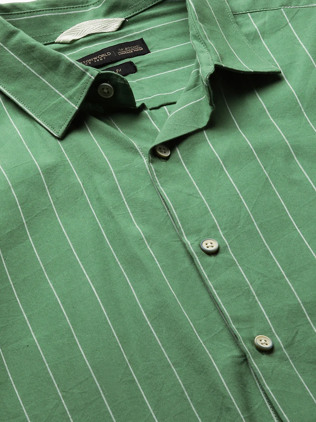 Men's Green Cotton Slim Fit Striped Shirt