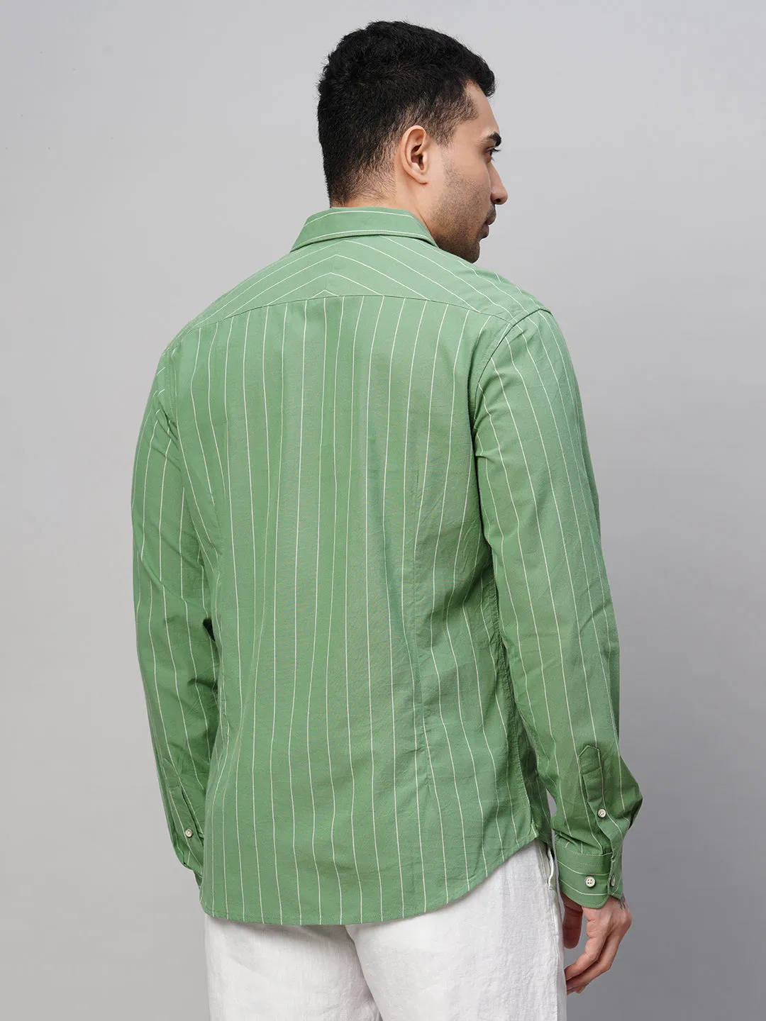 Men's Green Cotton Slim Fit Striped Shirt