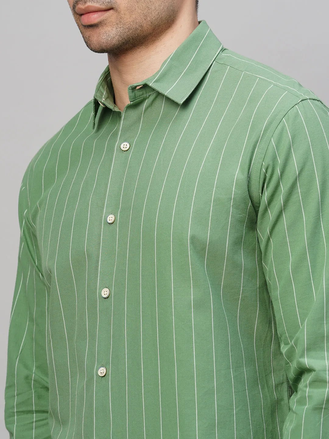 Men's Green Cotton Slim Fit Striped Shirt