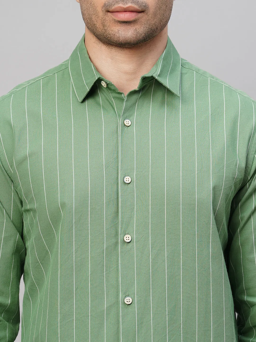 Men's Green Cotton Slim Fit Striped Shirt