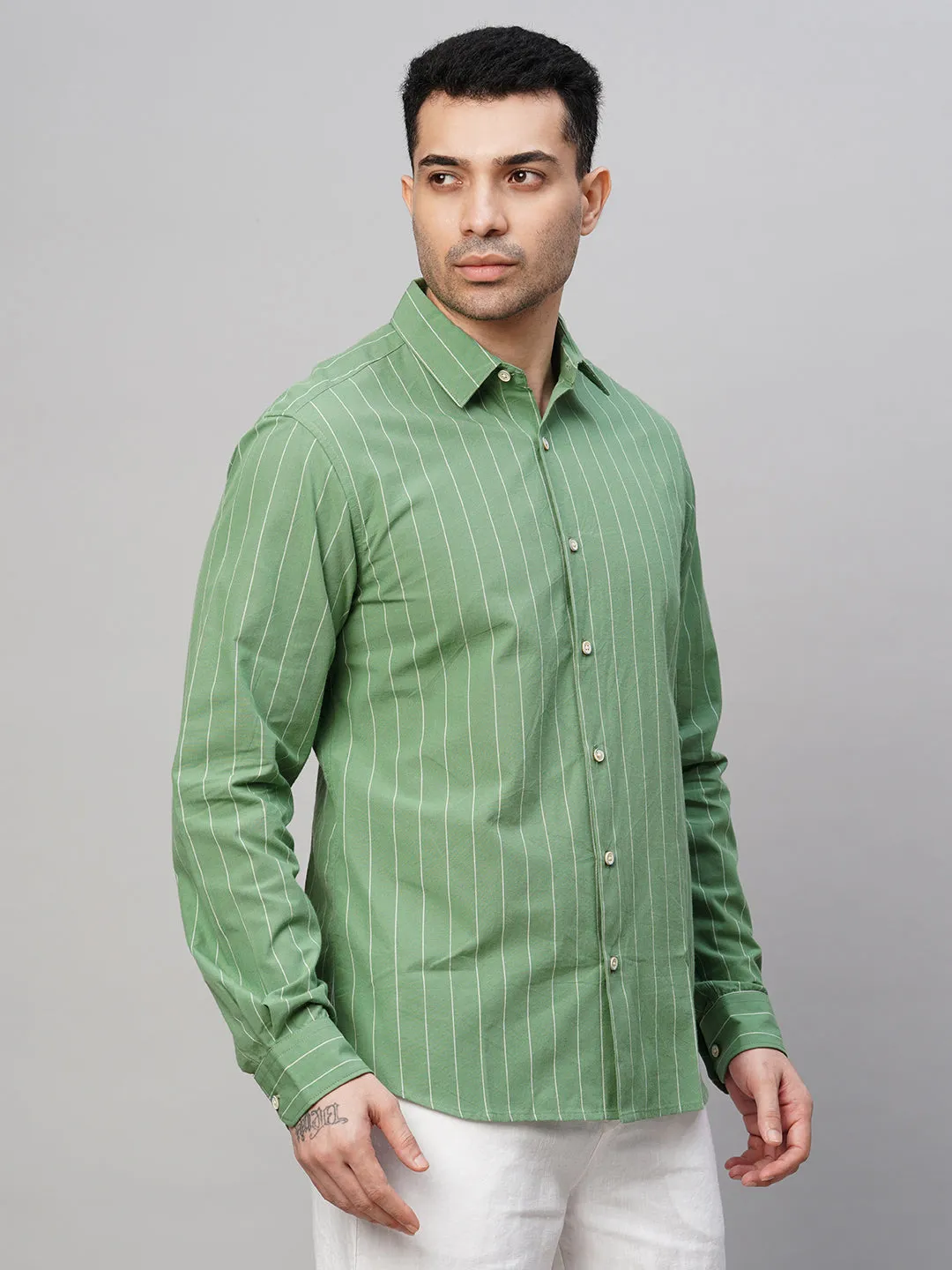 Men's Green Cotton Slim Fit Striped Shirt