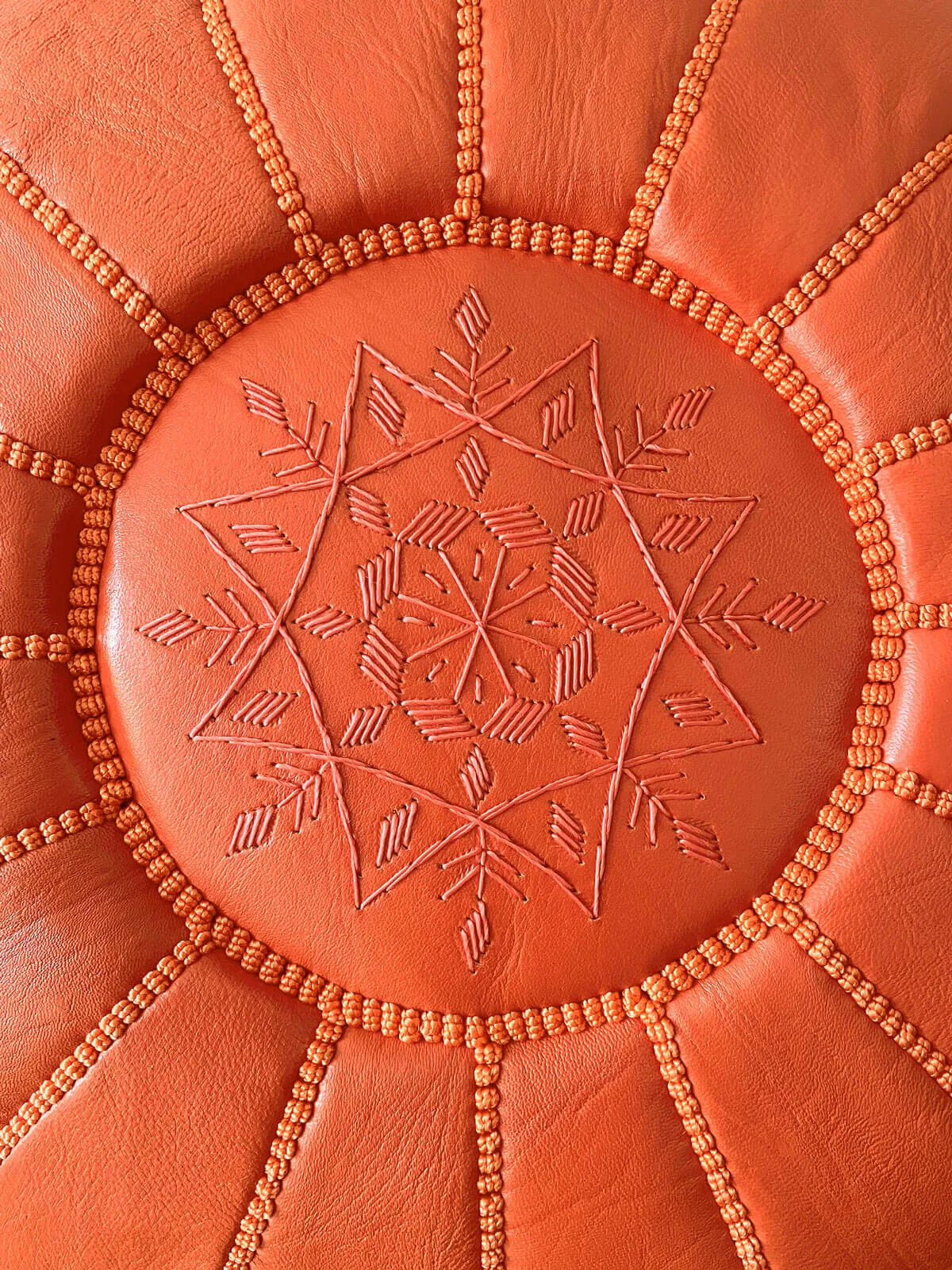 Moroccan Leather Pouffe, Deep Orange