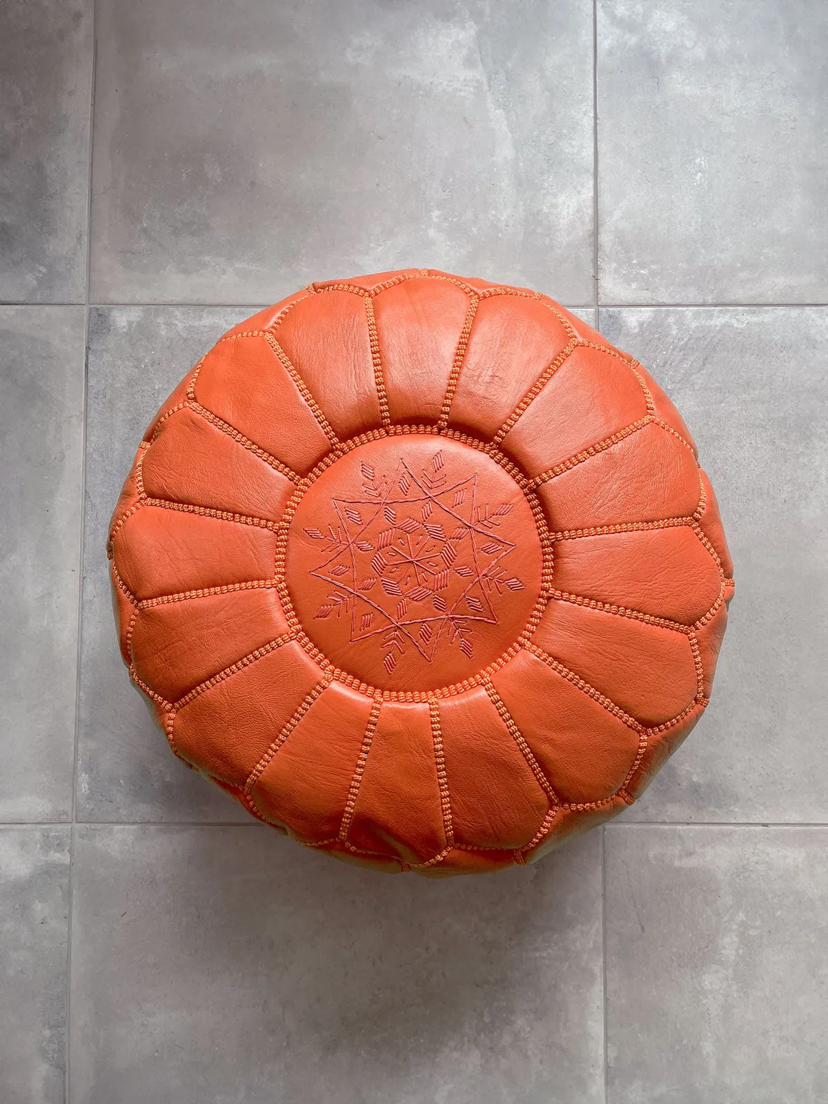 Moroccan Leather Pouffe, Deep Orange