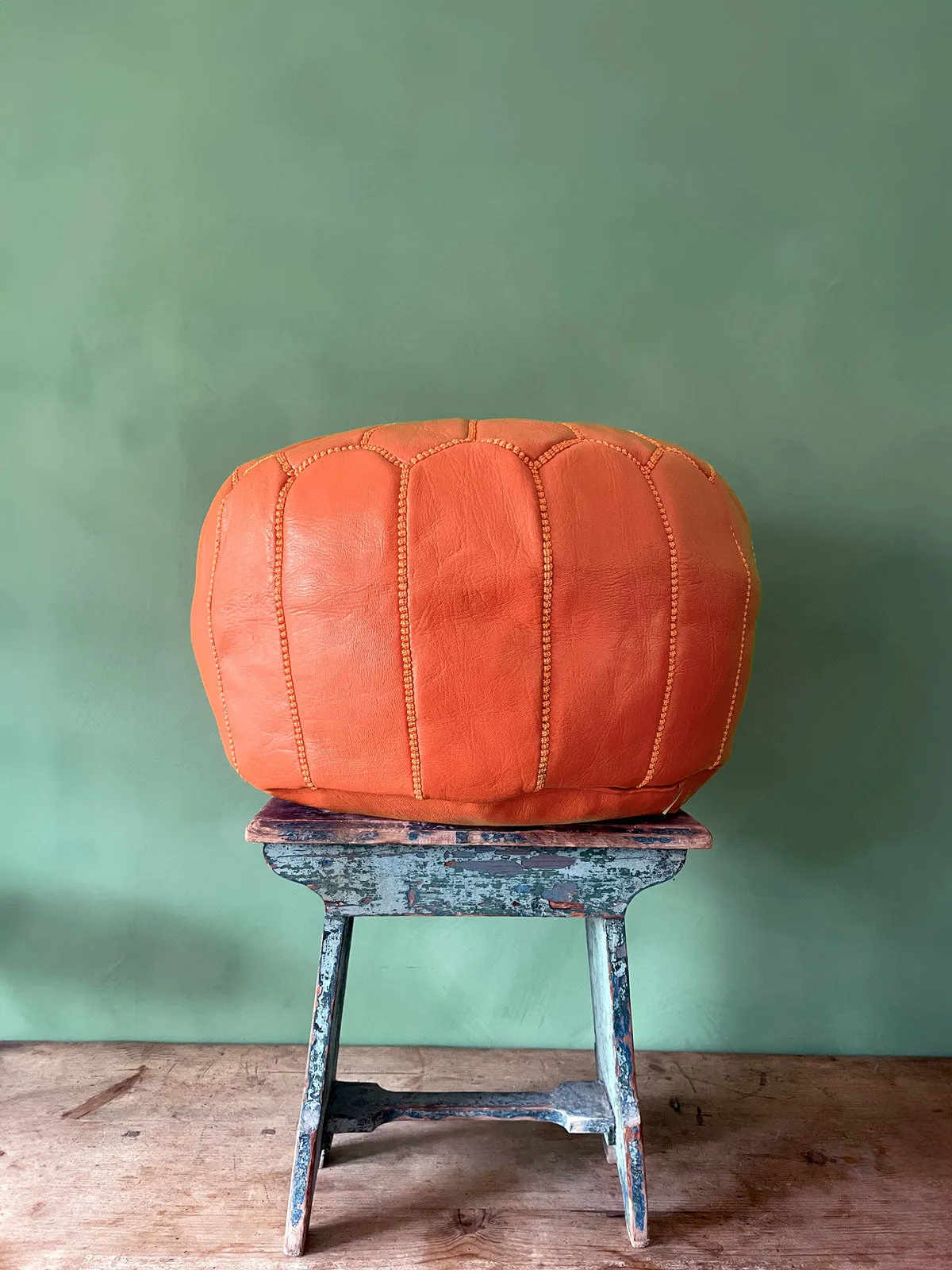 Moroccan Leather Pouffe, Deep Orange