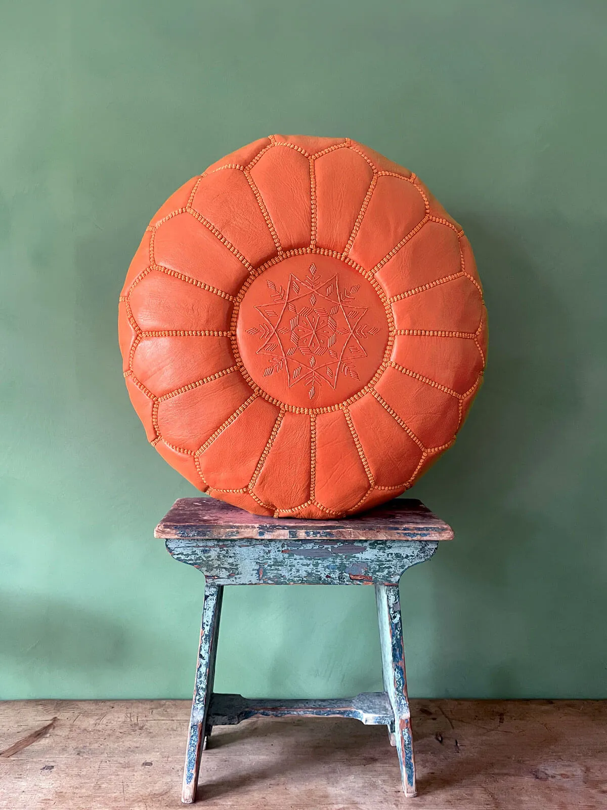 Moroccan Leather Pouffe, Deep Orange