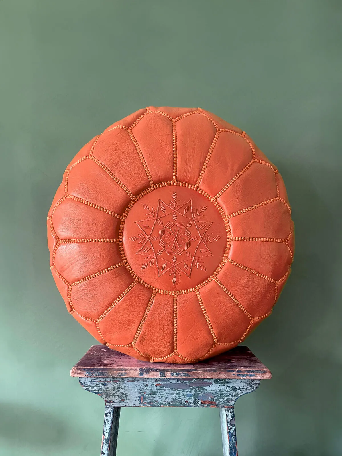 Moroccan Leather Pouffe, Deep Orange