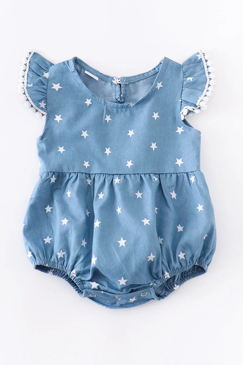 Navy star pom pom girl romper