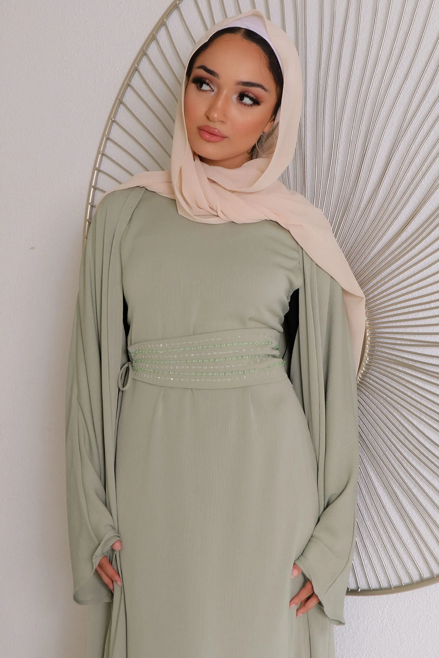 Nia Textured Corset Abaya Set- Light Sage Green