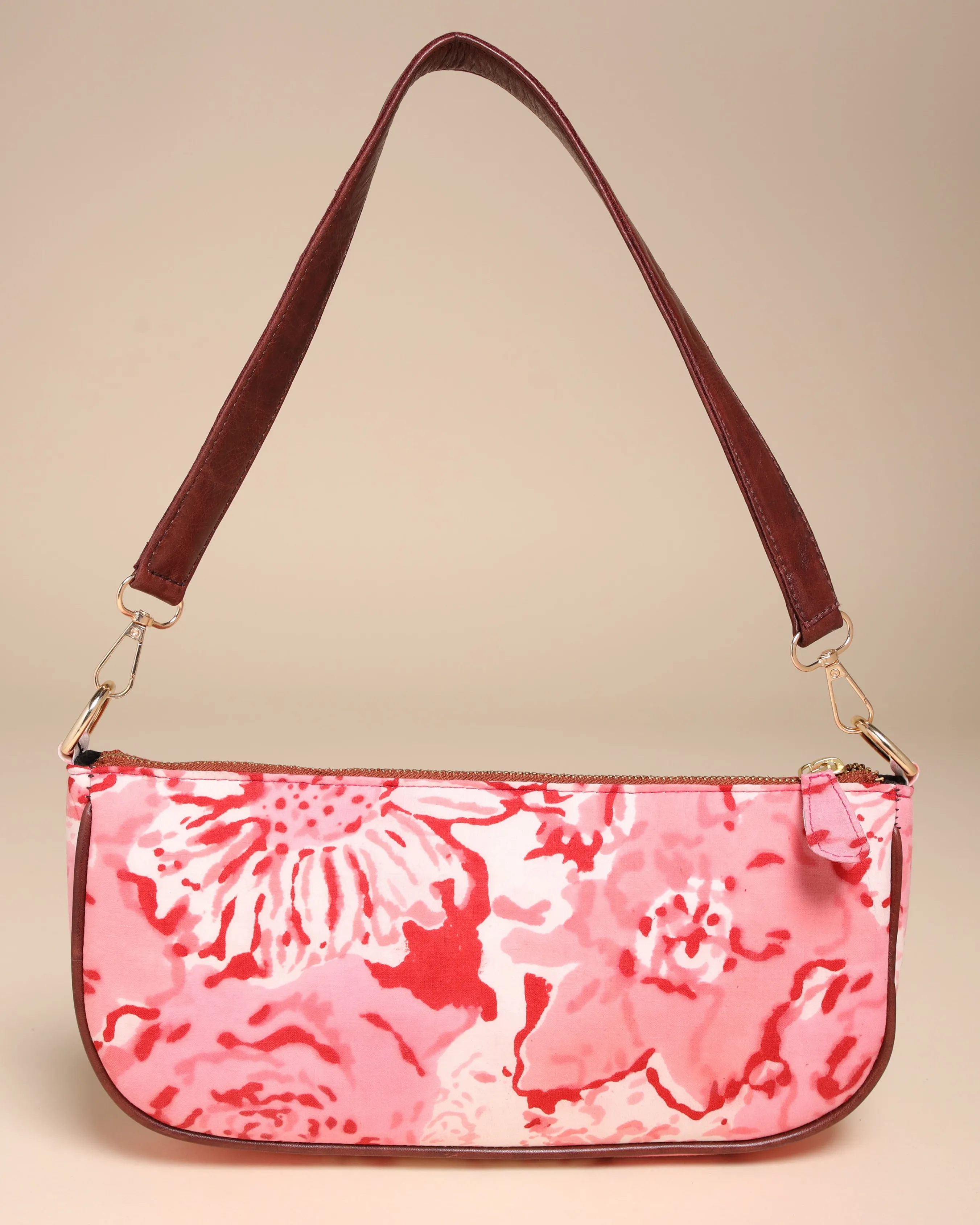 Peach Rosa Cotton Blockprinted Mini Baguette Bag