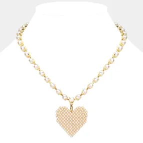 Pearl Paved Heart Pendant Necklace