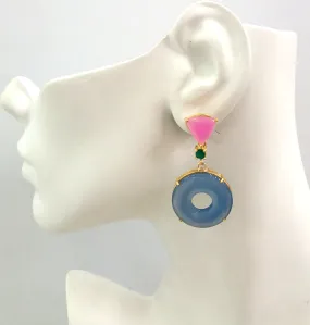 Pink Agate Stud with Green Agate and Blue Agate Detachble Twinset Earrings