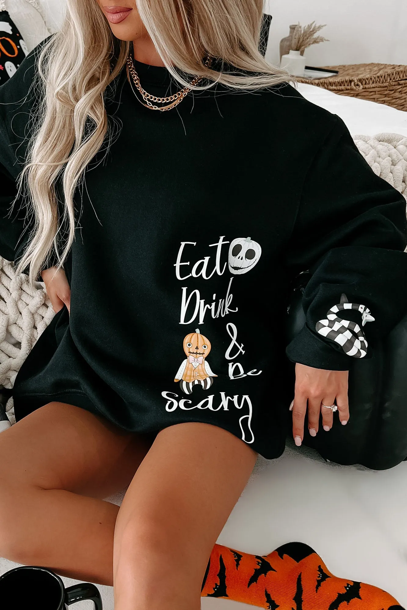 "Eat, Drink, & Be Scary" Graphic Crewneck (Black) - Print On Demand