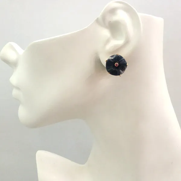 Rhodolite Garnet on a Sodalite Stud with Green Agate and Carved Red Jade Detachable Twinset Earrings