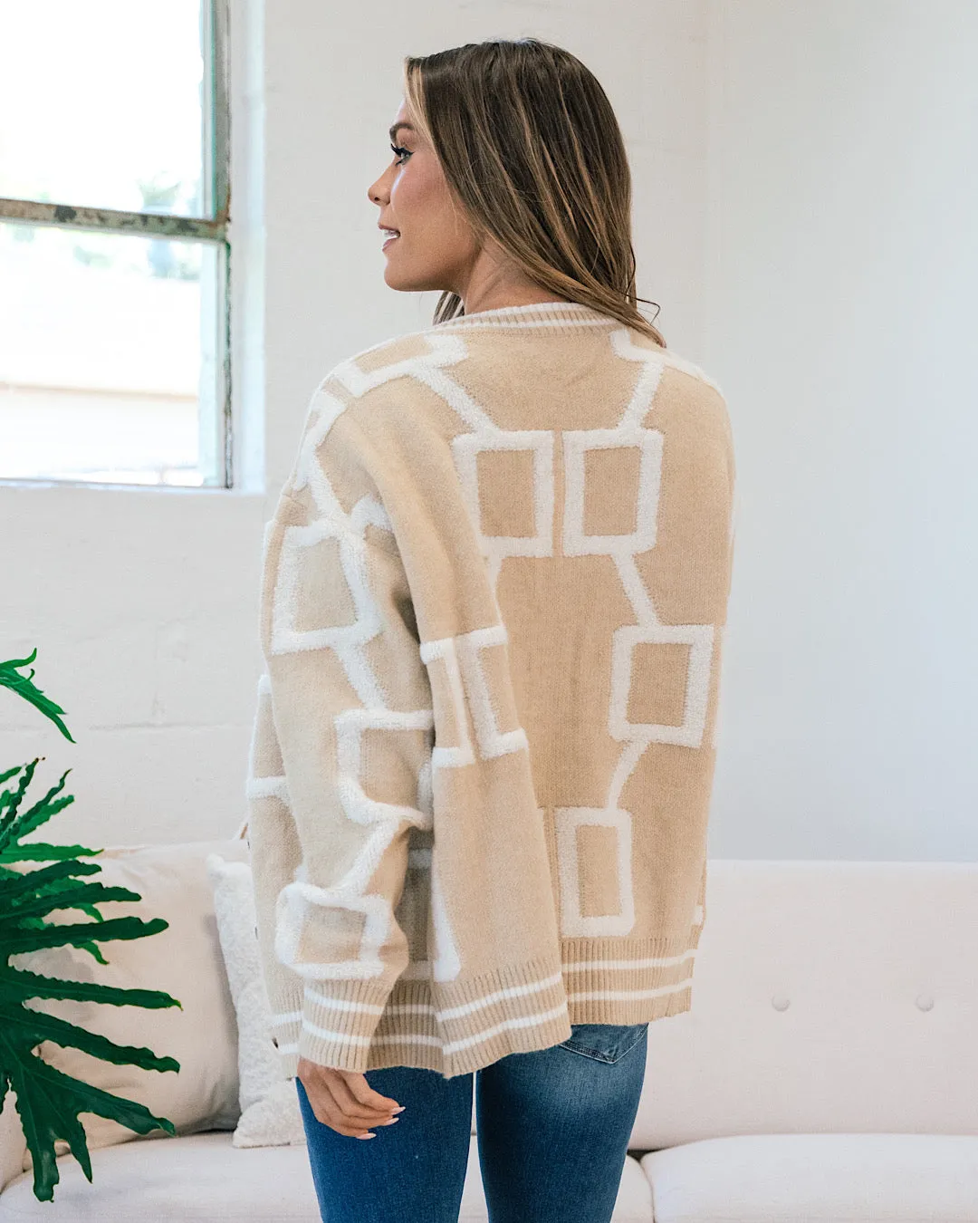 Roxie Taupe Cardigan with Raised Square Pattern