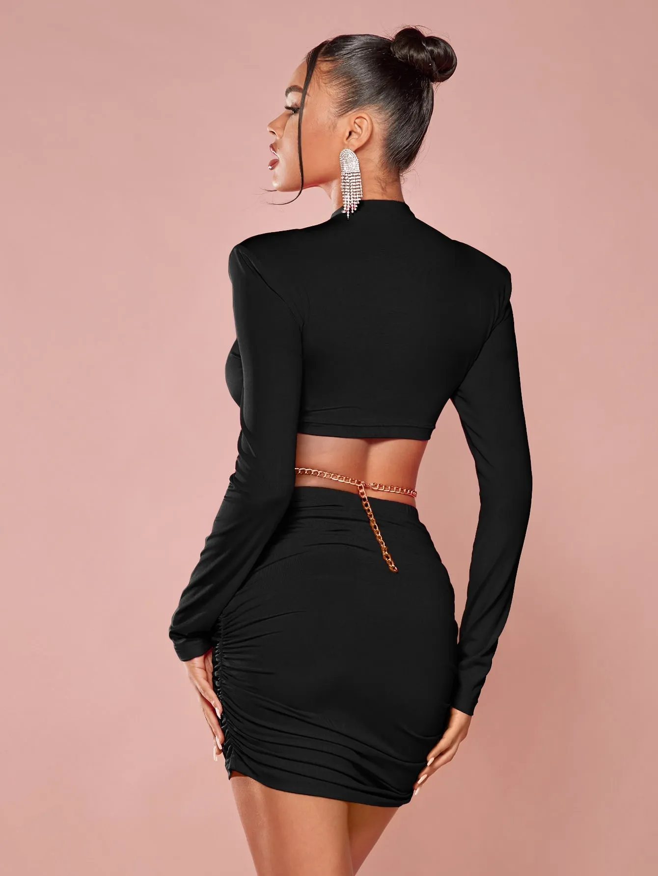 Shoulder Pad Cut Out Ruched Bodycon Dress