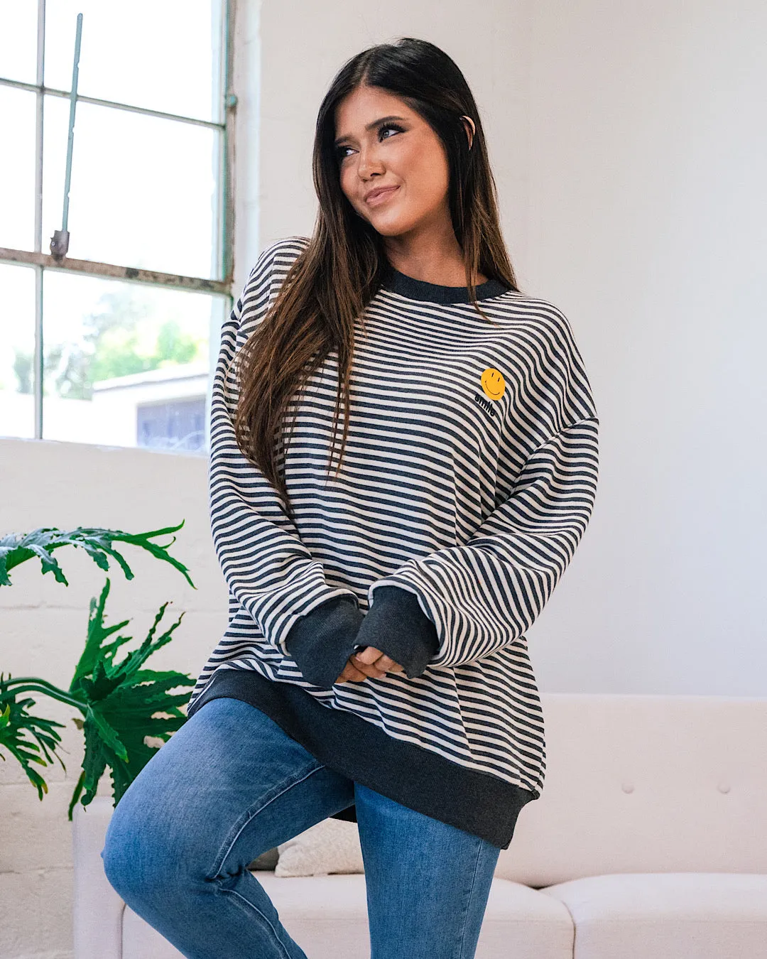 Smile Sweatshirt - Charcoal and Ivory Striped