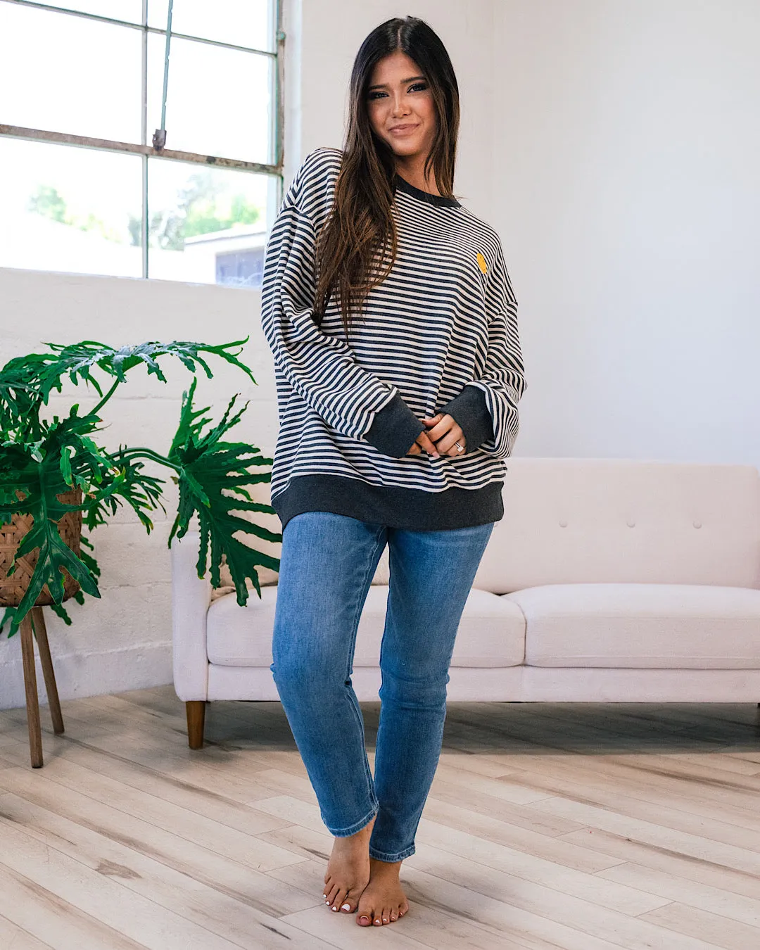 Smile Sweatshirt - Charcoal and Ivory Striped