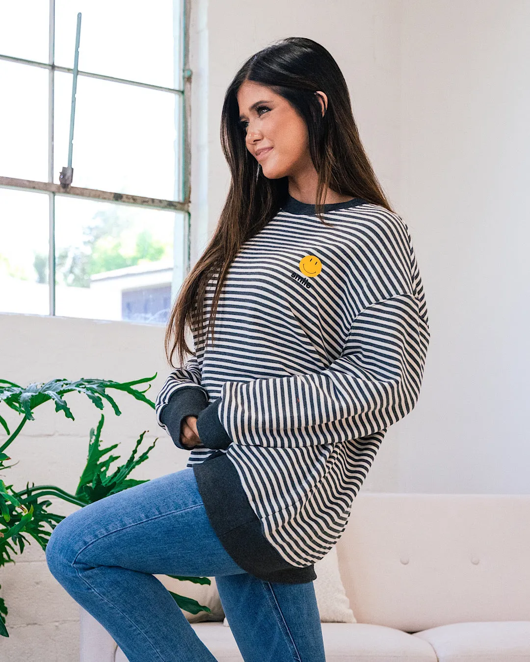 Smile Sweatshirt - Charcoal and Ivory Striped