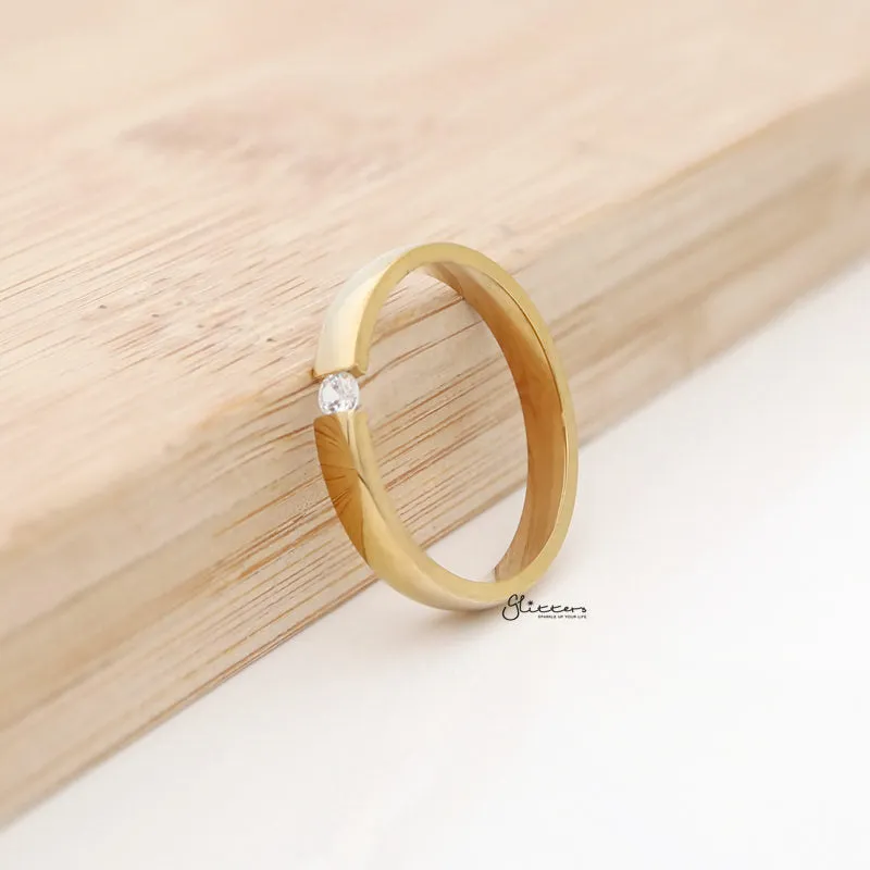 Tension Set CZ 3mm Wide Glossy Mirror Polished Band Ring - Gold