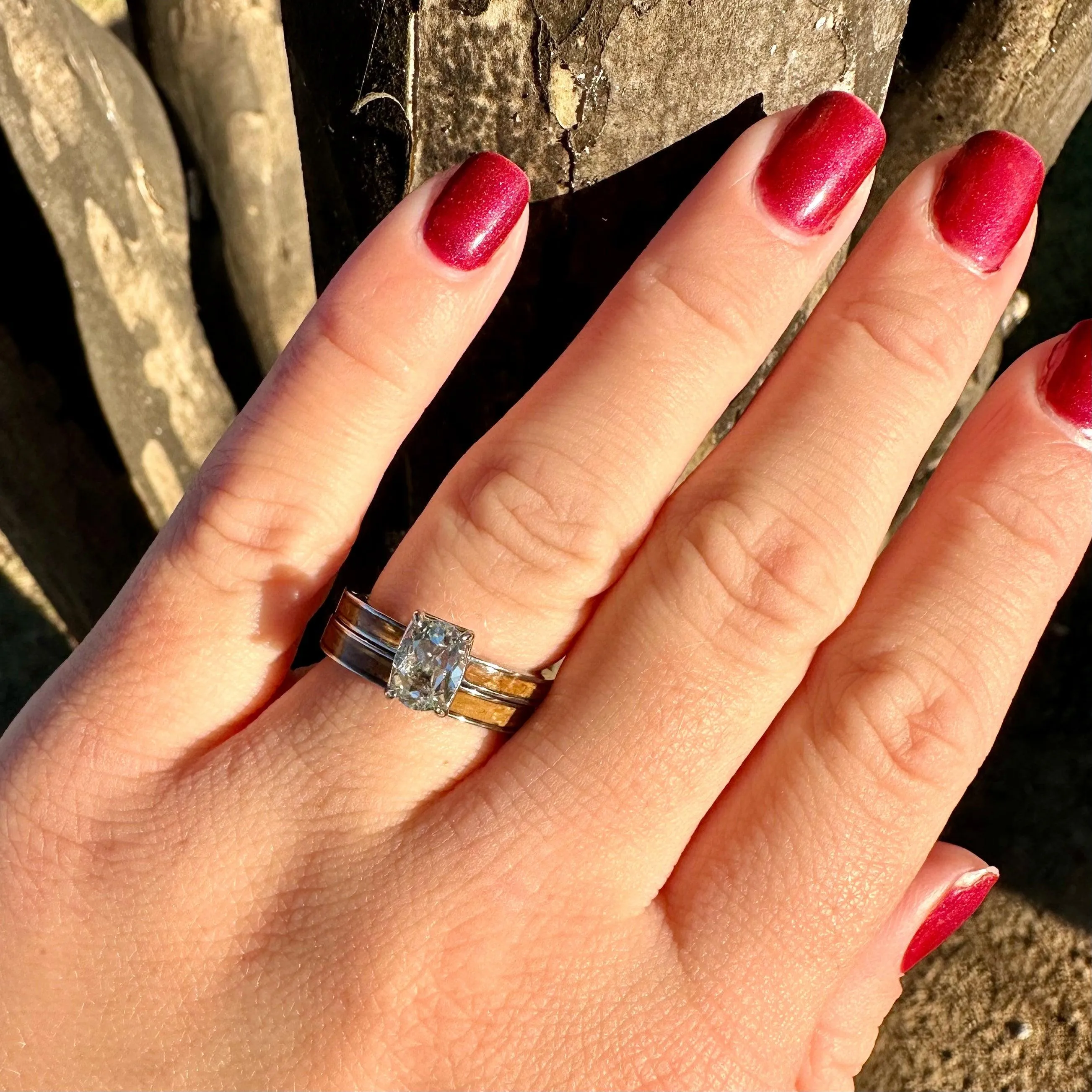 “The Bourbon Trio Bridal Set” Reclaimed Bourbon Barrel Ring™ In Brilliant White Titanium With Oval Cut GenuineWhite Topaz