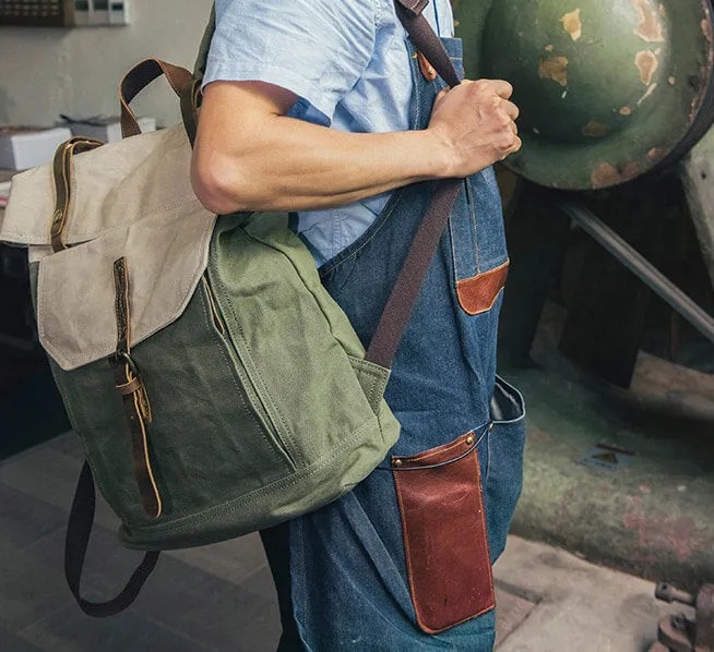 Unisex School Bags, Travel Backpack, Handmade Leather And Waxed Canvas Rucksack - 2 Color Available NX098