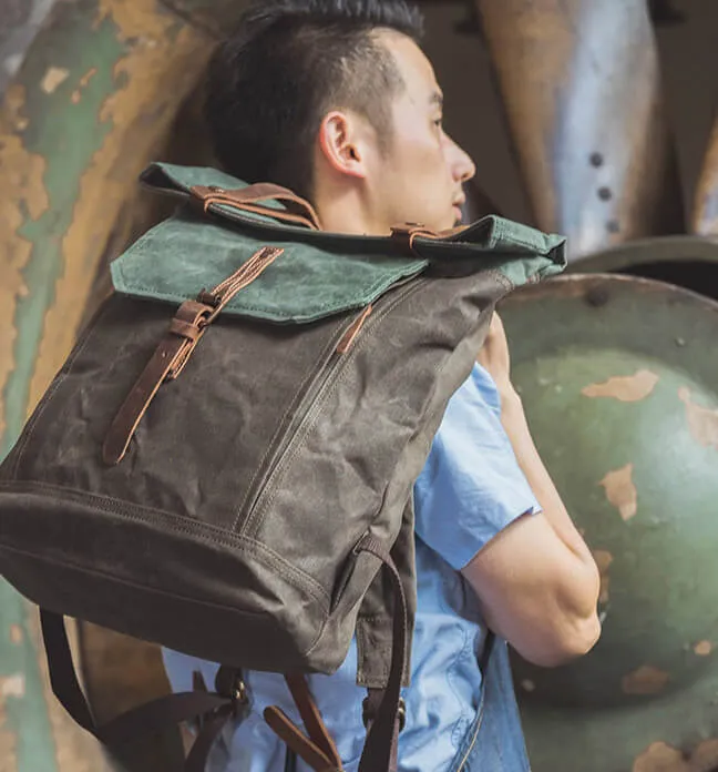 Unisex School Bags, Travel Backpack, Handmade Leather And Waxed Canvas Rucksack - 2 Color Available NX098