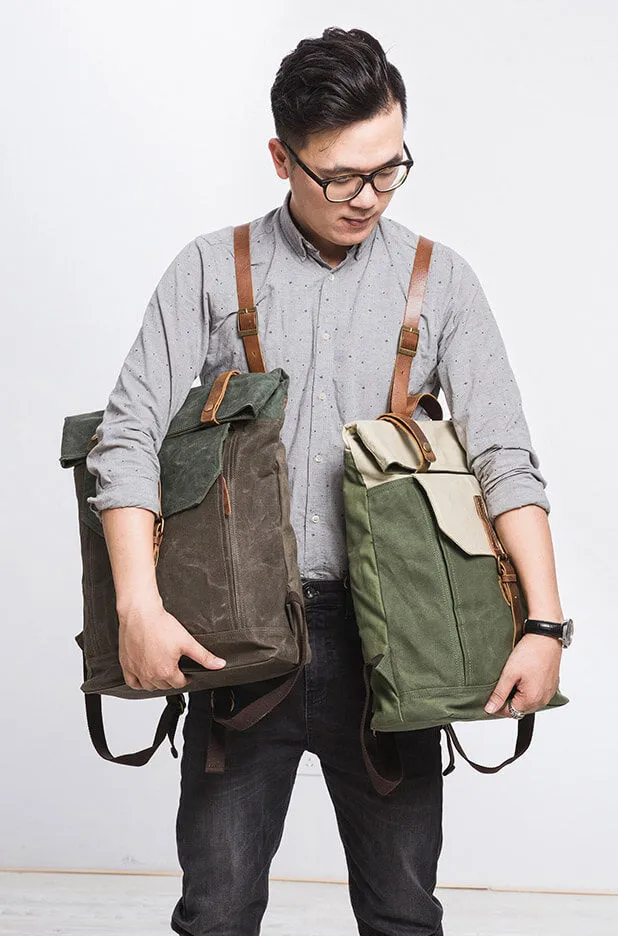 Unisex School Bags, Travel Backpack, Handmade Leather And Waxed Canvas Rucksack - 2 Color Available NX098