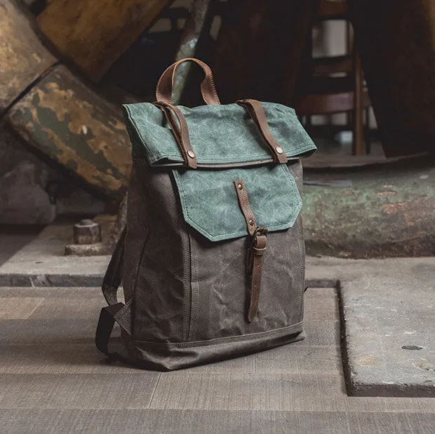 Unisex School Bags, Travel Backpack, Handmade Leather And Waxed Canvas Rucksack - 2 Color Available NX098